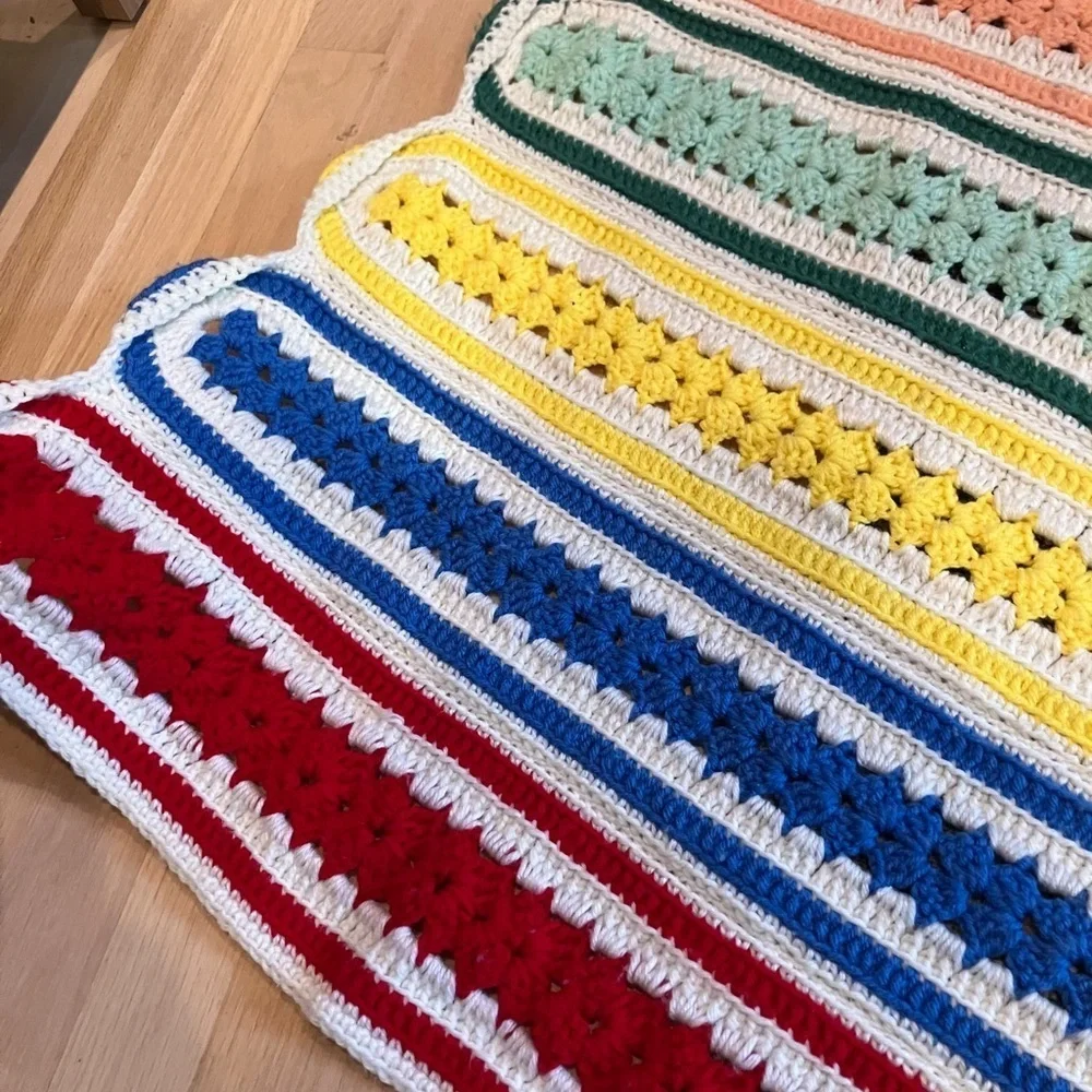 Vintage Handmade Crochet Throw Multicolor Stripe Pattern Scalloped Border